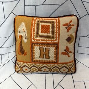 Vintage Handmade Sampler Moth Needlepoint Pillow Mushroom Butterfly H Brown 11"